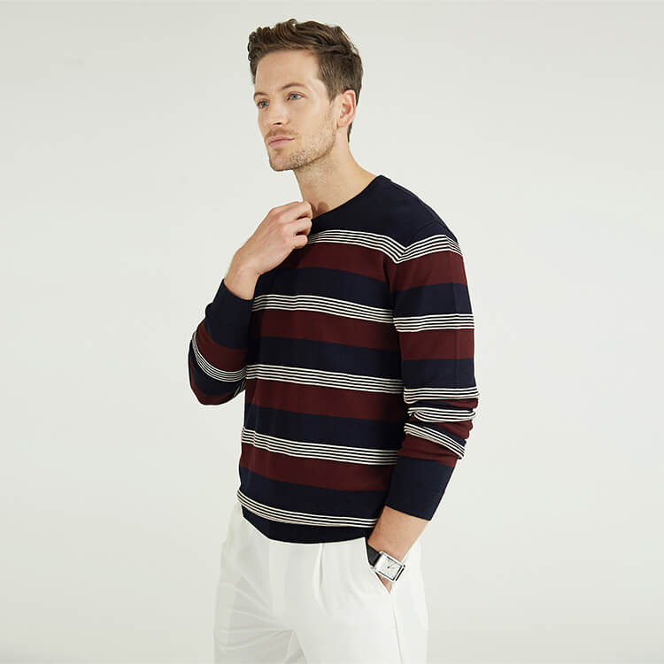 定制男士冬季 100% 羊绒圆领条纹纯色针织毛衣