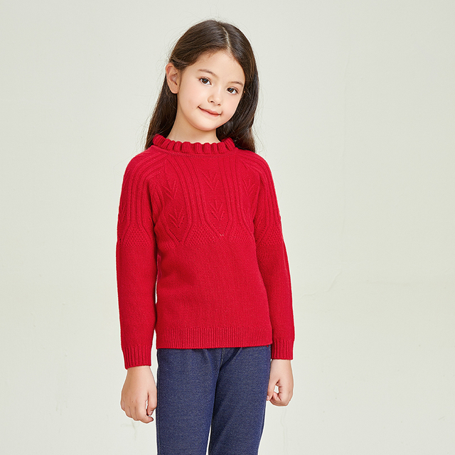 蕾丝圆领针织长袖红色保暖女童套头毛衣