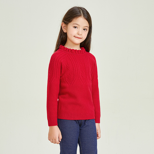蕾丝圆领针织长袖红色保暖女童套头毛衣