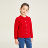 红色针织长袖圆领纽扣装饰女童开衫