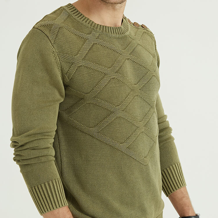 男士绿色纽扣针织长袖羊绒毛衣