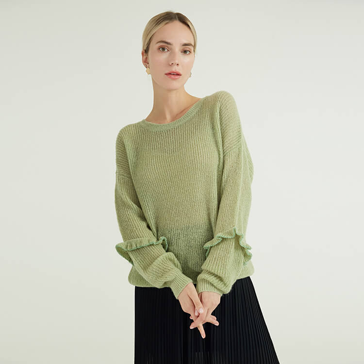 绿色春秋薄袖蕾丝设计针织大码女式毛衣